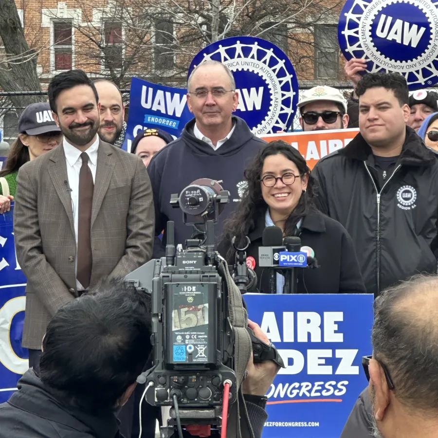 Claire Valdez, joined by NYC Mayor Zohran Mamdani, UAW President Shawn Fain, and Region 9A Director Brandon Mancilla