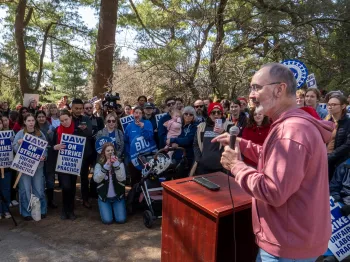 UAW President Shawn Fain speaking to strikers rallying at Wellesley